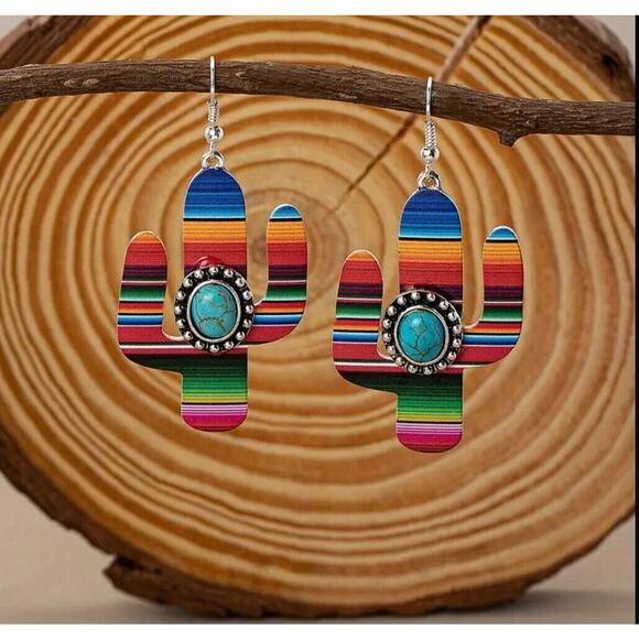 Earrings Serape Cactus Turquoise Stone Fishhook Western Boho Fashion Jewelry - Picture 3 of 5
